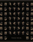 A grid of star signs with corresponding symbols and figures. The designs are set against a dark background with golden, celestial-themed artwork. At the bottom, "Tea Ceremony Towels Bundle" by Magic Hour is elegantly centered, offering a hint of the enchanting loose leaf and organic tea within.