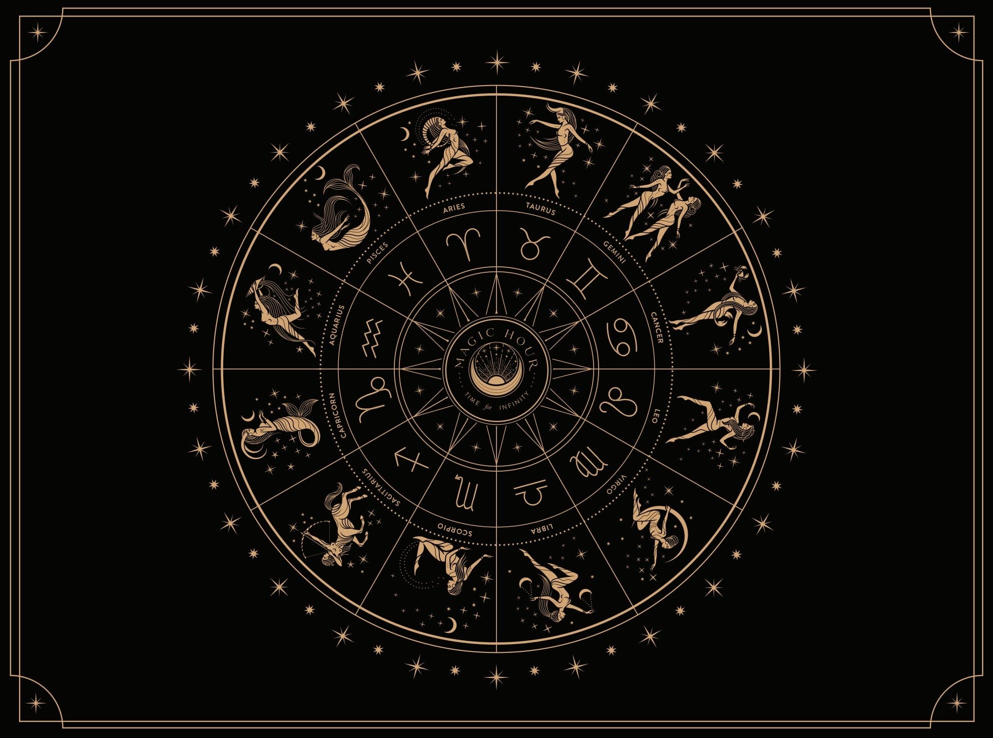 The **Magic Hour Astrology Mandala Tea Towel Case Packs** feature a stunning gold zodiac wheel set against a black backdrop. Made from 100% cotton, the design showcases the twelve astrological signs arranged in a circle, each depicted by its traditional symbol and illustration, with stars scattered around the 40x60cm wheel. An eye symbol is prominently placed at the center.