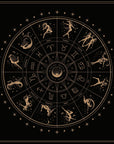 The **Magic Hour Astrology Mandala Tea Towel Case Packs** feature a stunning gold zodiac wheel set against a black backdrop. Made from 100% cotton, the design showcases the twelve astrological signs arranged in a circle, each depicted by its traditional symbol and illustration, with stars scattered around the 40x60cm wheel. An eye symbol is prominently placed at the center.