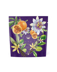 A vibrant, purple tea package from Magic Hour features colorful illustrations of passionfruit, flowers, and leaves. The front displays "Romance in Ravello - Chocolate-Passionfruit-Rose-Cream White Tea Case Packs" and other text in white, with ornate botanical designs highlighting the bag's elegant and natural aesthetic that evokes the beauty of the Amalfi Coast.