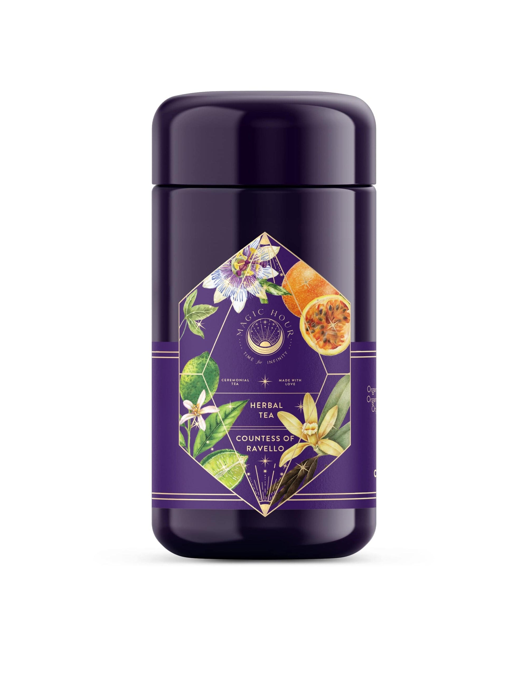 A cylindrical purple canister labeled "Romance in Ravello - Chocolate-Passionfruit-Rose-Cream White Tea" from "Magic Hour." The packaging features geometric and floral designs with images of passionflowers and other botanical elements, evoking the charm of the Amalfi Coast with a delightful passion fruit blend.