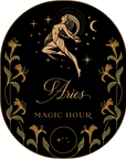 An elegant image with "Aries" and "Magic Hour" text. The central design of the Magic Hour Front Jar Label showcases a stylized figure of a person with a ram's head leaping amongst stars and a crescent moon, bordered on both sides by symmetrical gold floral motifs, making it the perfect standalone gold foil front jar label.