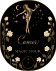 The Magic Hour Front Jar Label showcases an intricate vintage design featuring an elegant figure representing Cancer, holding a crab and framed by a crescent moon and stars. Surrounding the image are ornate illustrations of white roses, with the text "Cancer" and "Magic Hour." This stylized zodiac design is perfect for gracing a stand-alone gold foil front jar label.