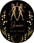 The "Magic Hour Front Jar Label" showcases a black oval bordered with gold edges and features two mirrored, stylized female figures symbolizing Gemini. Below them, the words "Gemini" and "Magic Hour" are inscribed. The design is adorned with stars and lilies on the sides, along with a starry circular motif at the bottom. This elegant pattern is perfectly suited to evolve into a captivating stand-alone gold foil front jar label.