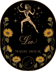 The Magic Hour Front Jar Label showcases an oval design with a stylized figure beneath a crescent moon and stars, labeled "Leo" and "Magic Hour." The border is adorned with yellow sunflowers and leaves, while a constellation appears at the bottom. The background is black with golden elements.