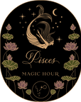 An illustration with a black background, featuring a mermaid and stars above the text "Pisces" and "MAGIC HOUR". The border and image elements include lotus flowers, leaves, and a circular star pattern. This Magic Hour Front Jar Label evokes elegance with its gold, pink, and green palette.