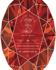 A product description for the Magic Hour Front Jar Label: This red gemstone-shaped label for Magic Hour Gemstone Wellness Tea is crafted with stand-alone gold foil and features intricate facets. The front jar label includes the text "Magic Hour," "Time for Infinity," "Ceremonial Teas," "Made with Love," and "Carnelian." Its design exudes a luxurious and mystical ambiance.