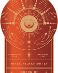 A richly designed Magic Hour Front Jar Label with a deep red and gold color scheme, featuring the text "Magic Hour - Time for Infinity," "Ceremonial Teas," "Made with Love," "Herbal Relaxation Tea," and "Queen of the Harvest." The stand-alone gold foil front jar label is adorned with artistic hands and celestial elements.
