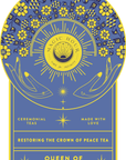 Featuring a vibrant design, our Magic Hour Front Jar Label showcases a circular top adorned with intricate floral patterns around a central sun motif. The text reads "MAGIC HOUR TIME FOR INFINITY," flanked by two abstract doves on either side of the circle. At the bottom, it states, "CEREMONIAL TEAS MADE WITH LOVE RESTORING THE CROWN OF PEACE TEA QUEEN OF UKRAINE." This label is perfect for a stand-alone gold foil front jar.