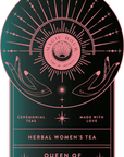 Introducing the Magic Hour Front Jar Label for Herbal Women's Tea. This exquisite gold foil label, designed to stand out, showcases celestial artwork featuring stars and hands encircling a radiant sun motif. Prominent text includes "Magic Hour: Time for Infinity," "Ceremonial Teas," "Made with Love," and the prestigious title, "Queen of Wellness.