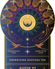 The Magic Hour Front Jar Label is a decorative stand-alone gold foil label featuring a captivating design. It showcases a circular emblem adorned with butterfly patterns, and the phrases "Energizing Guayusa Tea" and "Queen of the Rainforest." Beneath these elements, it reads, "Ceremonial Teas Made with Love," all highlighted by reincarnate gold accents.