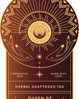 Label of "Magic Hour Front Jar Label" herbal adaptogen tea, titled "Queen of the South." The design features a sunburst pattern, two hands encircling a reincarnate emblem with the text "Magic Hour, Time for Infinity," and the phrases "Ceremonial Teas" and "Made with Love.