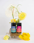 Two jars of colorful seasoning are displayed on a wooden stand, surrounded by vibrant yellow flowers and a white anthurium. The jars have intricate labels, adding a decorative touch to the bright and inviting arrangement—much like the Magic Hour's Mercury Retro Remedy Bundle: Save 10% when you Buy the Bundle!