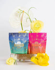 Two vibrantly colored packets—one blue, one pink—of "Mercury Retro Remedy Bundle: Save 10% when you Buy the Bundle!" herbal tea are displayed amidst bright yellow flowers and large white leaves, all set against a clean, white background. The packets feature celestial design elements from the Magic Hour blends collection.