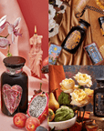 A triptych image featuring three scenes with black glass bottles adorned with intricate designs, surrounded by assorted fruits, flowers, and objects. The left panel has pink orchids and candles, the right blends tarot cards with gemstones from the Gemstone Bundle: Pink Tourmaline, Topaz & Onyx Collection, and the bottom shows yellow roses.