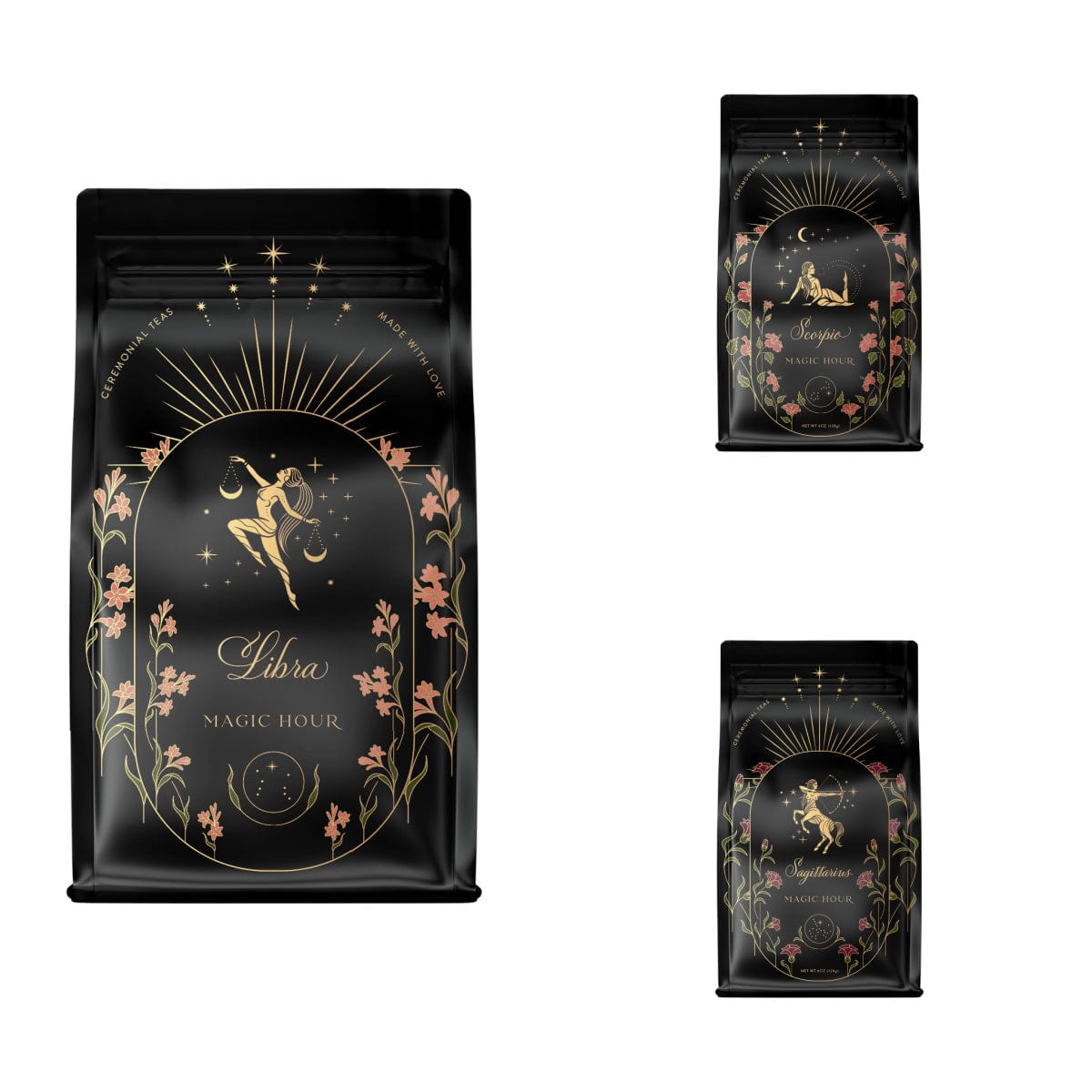A black, starry, Libra-themed coffee package adorned with gold celestial graphics and pink floral accents. The main bag showcases a centered illustration of a woman holding scales. Two smaller packages featuring the same design accompany the main bag on the right side, making it perfect for pairing with your favorite Libra tea from the Astrology Bundle: Libra, Scorpio, Sagittarius collection.