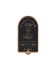 Label for Magic Hour Front Jar Label with the text "Time for Infinity" and "Renewal." The design includes an hourglass filled with celestial elements, accompanied by "Ceremonial Teas" and "Made with Love." The stand-alone gold foil front jar label features a gold border and a black background.