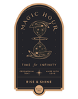 Magic Hour Front Jar Label: "TIME for INFINITY. CEREMONIAL TEAS MADE WITH LOVE. RISE & SHINE." The design showcases an hourglass adorned with celestial elements and intricate celestial illustrations on a dark background, enhanced with stand-alone gold foil accents—ideal for your front jar label collection.