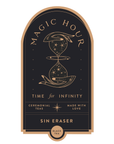 The Magic Hour Front Jar Label is arched with a cosmic design featuring an hourglass graphic made up of two fish and stars. The stand-alone gold foil label on the front of the jar showcases phrases like "Time for Infinity," "Ceremonial Teas," "Made with Love," and "Sin Eraser Black Tea.