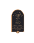 An elegant black label with gold trim featuring a central illustration of an hourglass filled with celestial elements such as stars and moons. Text reads "Magic Hour," "Time for Infinity," "Ceremonial Teas," "Made with Love," "Symbeeosis," and "Wellness Tea." Perfect as a stand-alone gold foil front jar label for the Magic Hour Front Jar Label product.