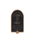 A stand-alone gold foil front jar label for Magic Hour's "Time for Infinity" tea, showcasing an elegant hourglass adorned with stars and celestial designs. This Ti Quan Yin Oolong Tea, part of the "Ceremonial Teas, Made with Love" collection, features striking gold, black, and beige colors.