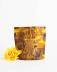 The Topaz - Caramel Apple Oolong Tea Case Packs from Magic Hour feature a multicolored geometric-patterned packaging with gold and brown hues, standing upright against a white background. To the left of the bag is a yellow flower, hinting at the cozy sips within, perfect for enjoying a caramel apple crisp treat.