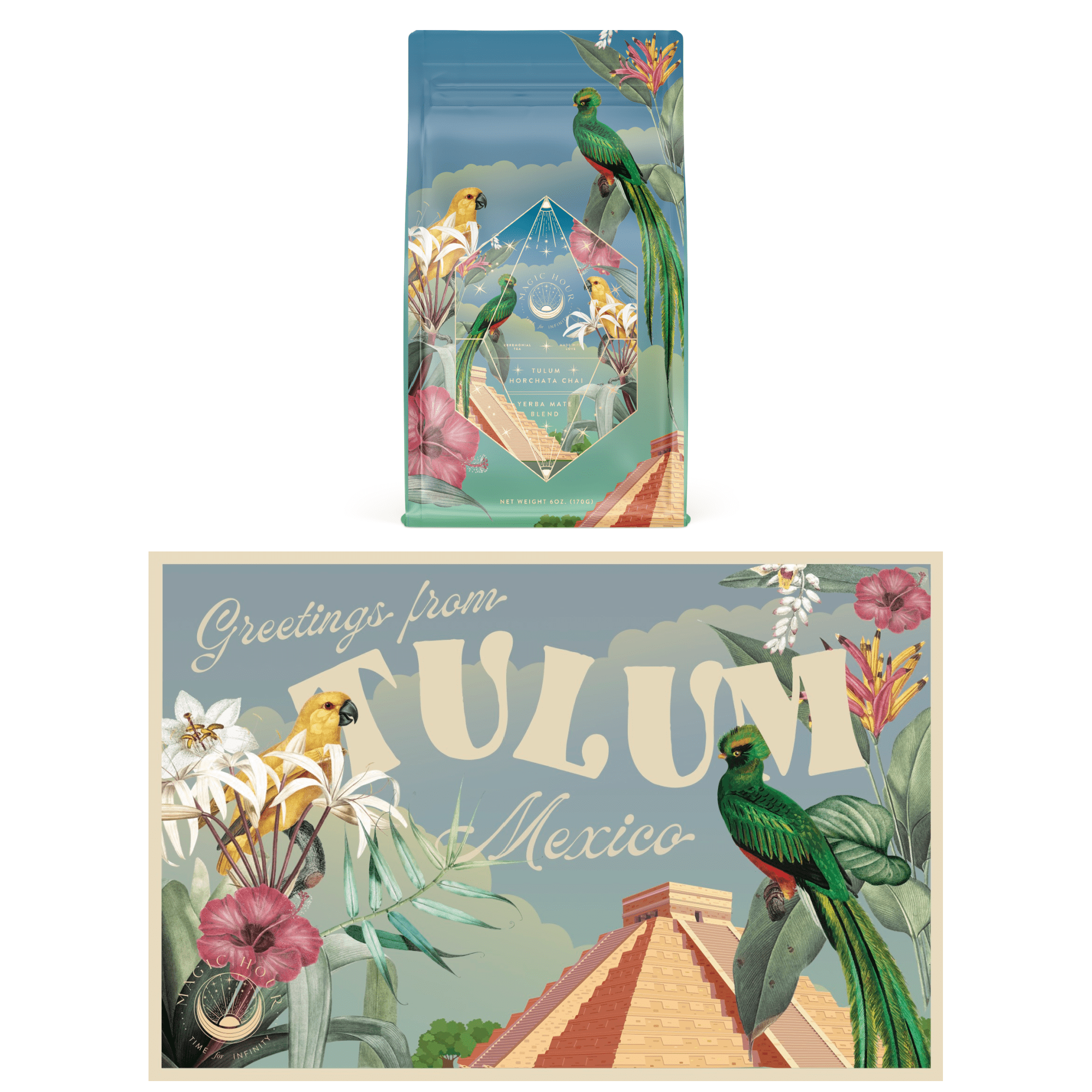 A vibrant design graces the coffee bag and postcard within the Travel to Tulum Gift Set. The coffee bag is adorned with illustrations of tropical birds and plants, complemented by the text "Greetings from Tulum, Mexico." The postcard echoes this artwork, featuring "Tulum" in bold letters encircled by flowers and birds—an ideal embellishment for our Travel to Tulum Gift Set.