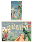 A vibrant design graces the coffee bag and postcard within the Travel to Tulum Gift Set. The coffee bag is adorned with illustrations of tropical birds and plants, complemented by the text "Greetings from Tulum, Mexico." The postcard echoes this artwork, featuring "Tulum" in bold letters encircled by flowers and birds—an ideal embellishment for our Travel to Tulum Gift Set.