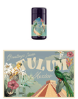 Our Travel to Tulum Gift Set is introduced by a purple container adorned with an illustration of tropical foliage, birds, and a pyramid, along with the text "Greetings from Tulum, Mexico." Complementing this is a matching postcard featuring the same imagery and text—an ideal gift for aficionados of Caffeinated Herbal Tea.