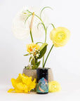 A small jar with a colorful label, featuring Magic Hour's Tulum Horchata Chai Case Packs adaptogenic wellness potion, sits in front of a ceramic pot containing yellow and white flowers, including anthuriums and ranunculus, against a plain white background. Loose yellow and white flowers are scattered around the jar, reminiscent of Tulum's vibrant flora.