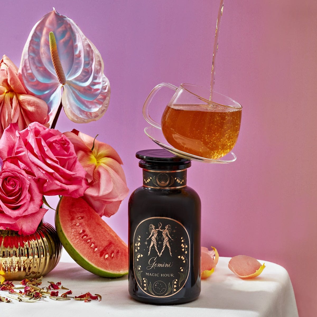 Gemini: Watermelon-Rose-Mulberry Pomegranate Tea for Beauty, Balance &amp; Quenching Curiositeas-Violet Glass Apothecary Jar with 3oz of Loose Leaf Tea-Magic Hour