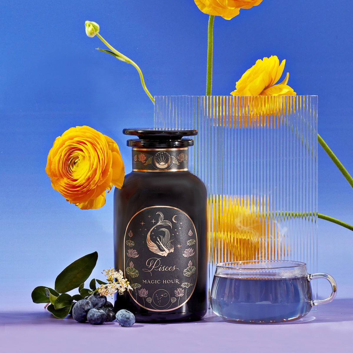 Pisces: Magnolia-Jasmine Blueberries &amp; Cream Tea with Lion&#39;s Mane-Violet Glass Apothecary Jar (Up to 65 Cups)-Magic Hour