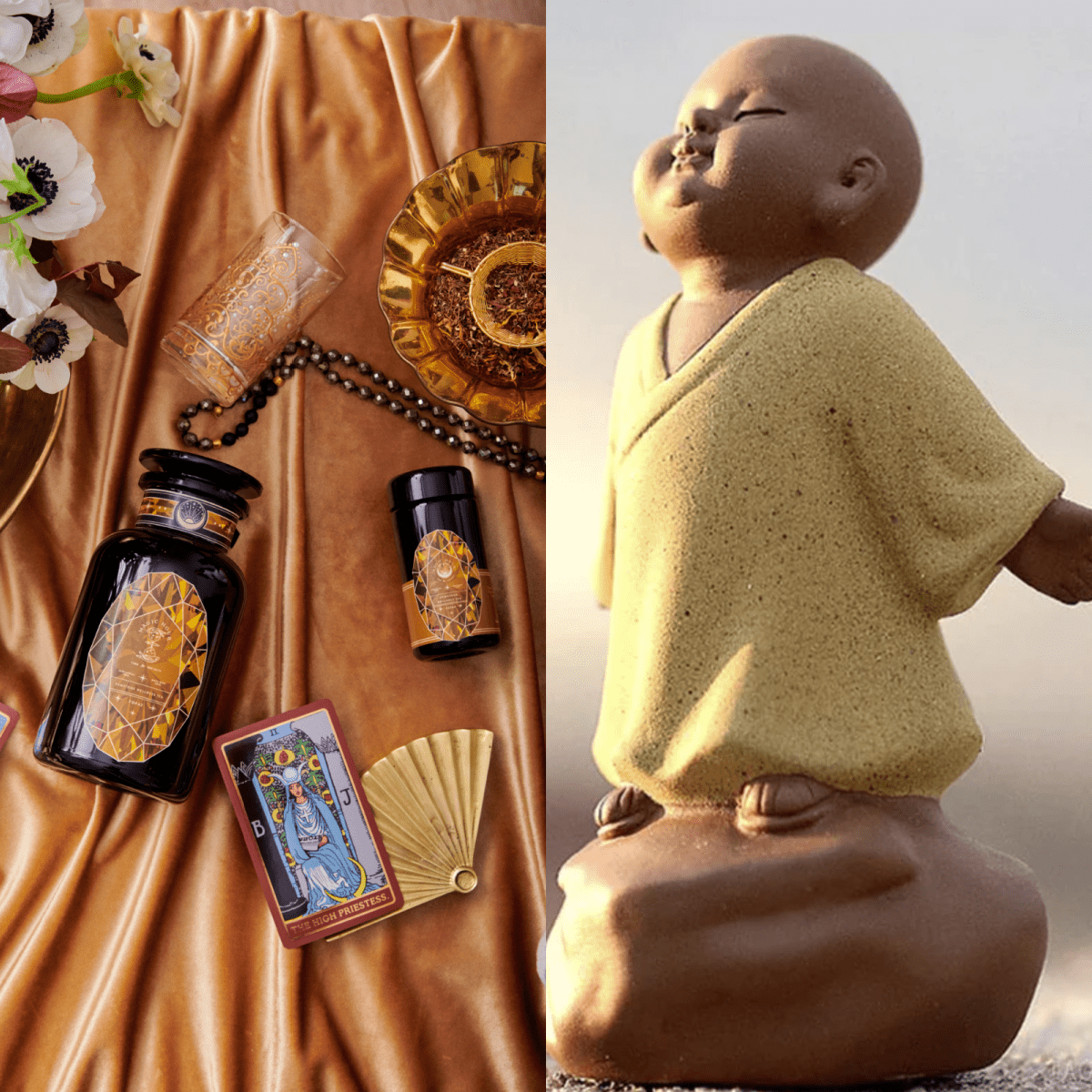 A split image: On the left, a collection of items displayed on a golden satin cloth, featuring The Topaz Gemstone Box, a decorated jar, candle, tarot card, jewelry showcasing November's birthstone - topaz, and flowers. On the right, a ceramic statue of a serene child monk in a yellow robe stands on a stone in a peaceful outdoor setting.