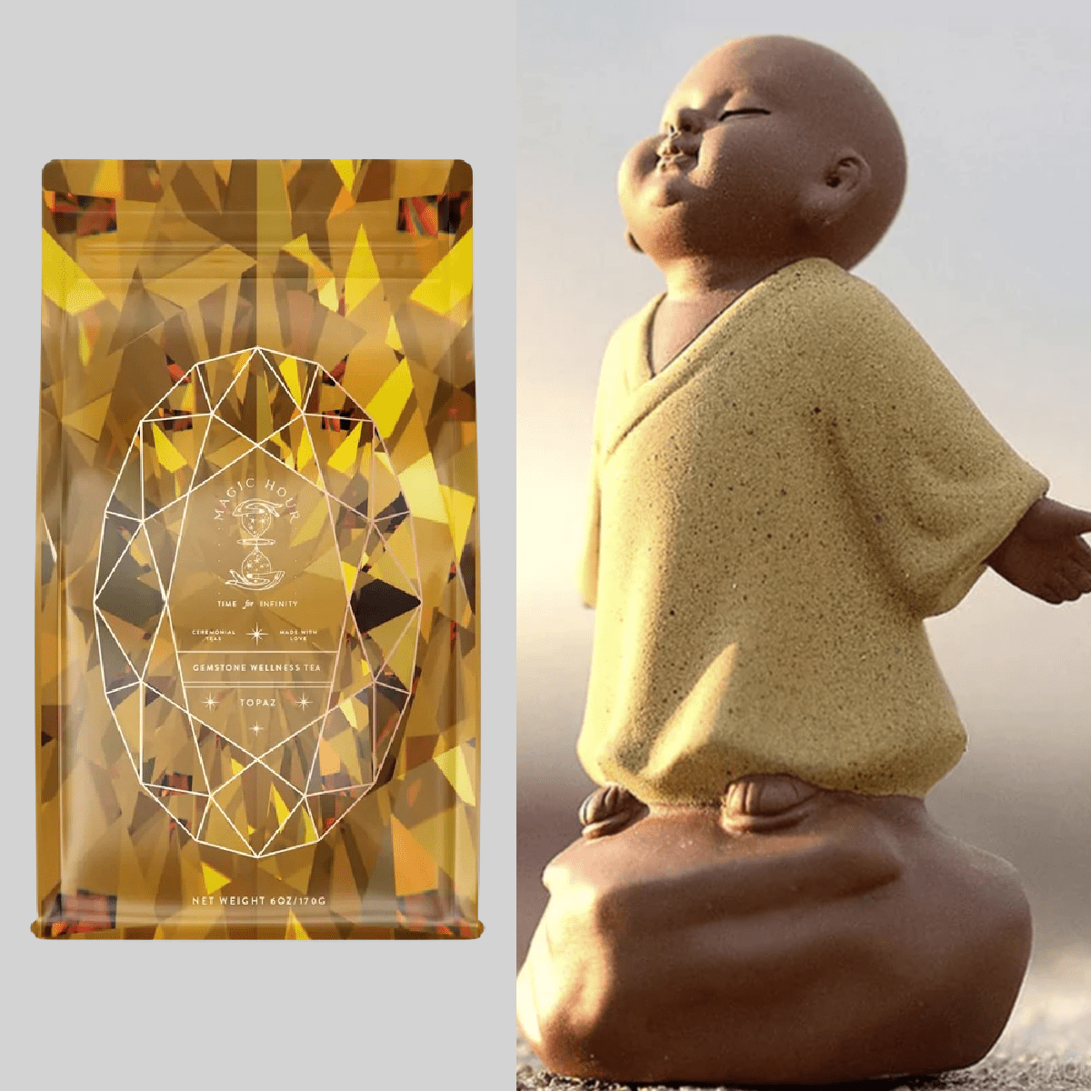 On the left, a shiny gold tea package with intricate designs is showcased, boasting its Caramel Apple Crisp Oolong blend. On the right, a small, smiling statue of a bald child monk in a robe stands on a rock, looking content. The background is light grey. In the center, The Topaz Gemstone Box adds an extra touch of elegance to the display.