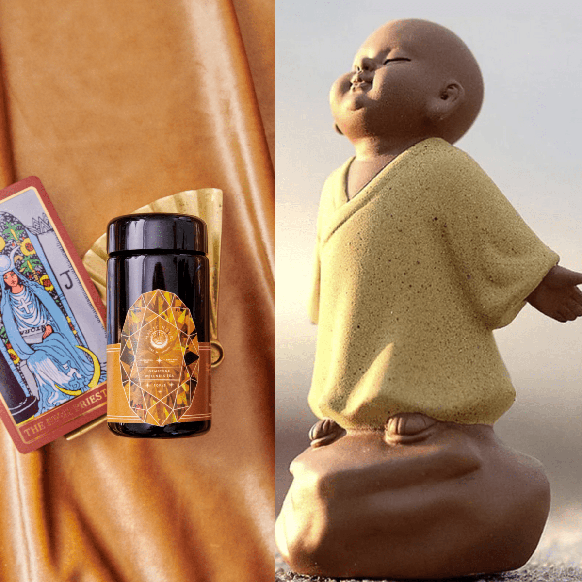 A decorative scene featuring a Buddha tea ceremony statuette on the right, and on the left, The Topaz Gemstone Box with an intricate golden label of Caramel Apple Crisp Oolong tea, a tarot card, and a gold fan against a rich brown backdrop.