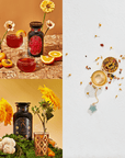 A collage of three images: the top left showcases a dark drink garnished with citrus slices and apricots, the top right features an Emerald Star Tea Strainer filled with loose tea, and the bottom left displays a dark bottle among yellow flowers and pastries on moss, all part of the Cosmic Gemstone Apothecary Gift Set.