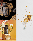 A three-section collage. Top left: bottle of black tea with gold geometric designs on a vintage tray. Bottom left: floral arrangement with bottle and tea container on colorful backdrop. Right: golden *Cosmic Gemstone Apothecary Gift Set Tea Strainer* with loose leaf tea and rose petals on white background.