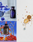 A collage featuring three images from the Cosmic Gemstone Apothecary Gift Set: the top-left showcases two elegant blue cocktails adorned with purple flowers; the bottom-left presents a tea set with an orange beverage surrounded by vibrant berries and flowers; and the right side highlights the Emerald Star Tea Strainer accompanied by loose tea leaves.