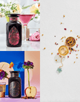 A collage of three images from the Cosmic Gemstone Apothecary Gift Set: top left features a black bottle of perfume with a pink label, surrounded by flowers and a pink drink; top right displays an open Emerald Star Tea Strainer with loose tea leaves spilling out; bottom left highlights a black bottle and glass adorned with colorful flowers and an apple.