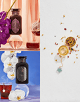 A three-part image: The top left displays the Cosmic Gemstone Apothecary Gift Set with purple flowers and tea. The bottom left highlights the same gift set accompanied by white flowers and tea. On the right side, an Emerald Star Tea Strainer is showcased with scattered tea leaves and petals against a white background.