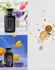 A collage of three images: top is a dark bottle with a fancy label next to a purple drink against a background of flowers; bottom left shows another bottle labeled "Gemstone Wellness Tea," alongside a blue drink and yellow flowers; right is an Emerald Star Tea Strainer and herbs on a white background—all part of the Cosmic Gemstone Apothecary Gift Set.