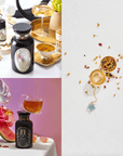 A collage of three images: The top left showcases a bottle from the Cosmic Gemstone Apothecary Gift Set with gold cups and other elegant items; the bottom left features a similar bottle from the set with tea being poured from a floating cup, surrounded by flowers and watermelon; the right image displays an Astrology Tea container, part of the gift set, spilling a dried herbal mixture.