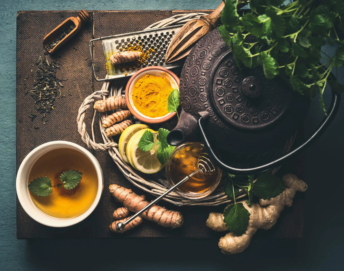 Ginger turmeric tea stored in whicker basket