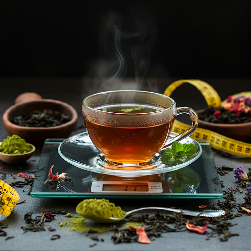 Image representing the best tea for weight loss. A steaming cup of tea on top of a tempered-glass bathroom scale surrounded by matcha, black tea, and other weight loss teas.