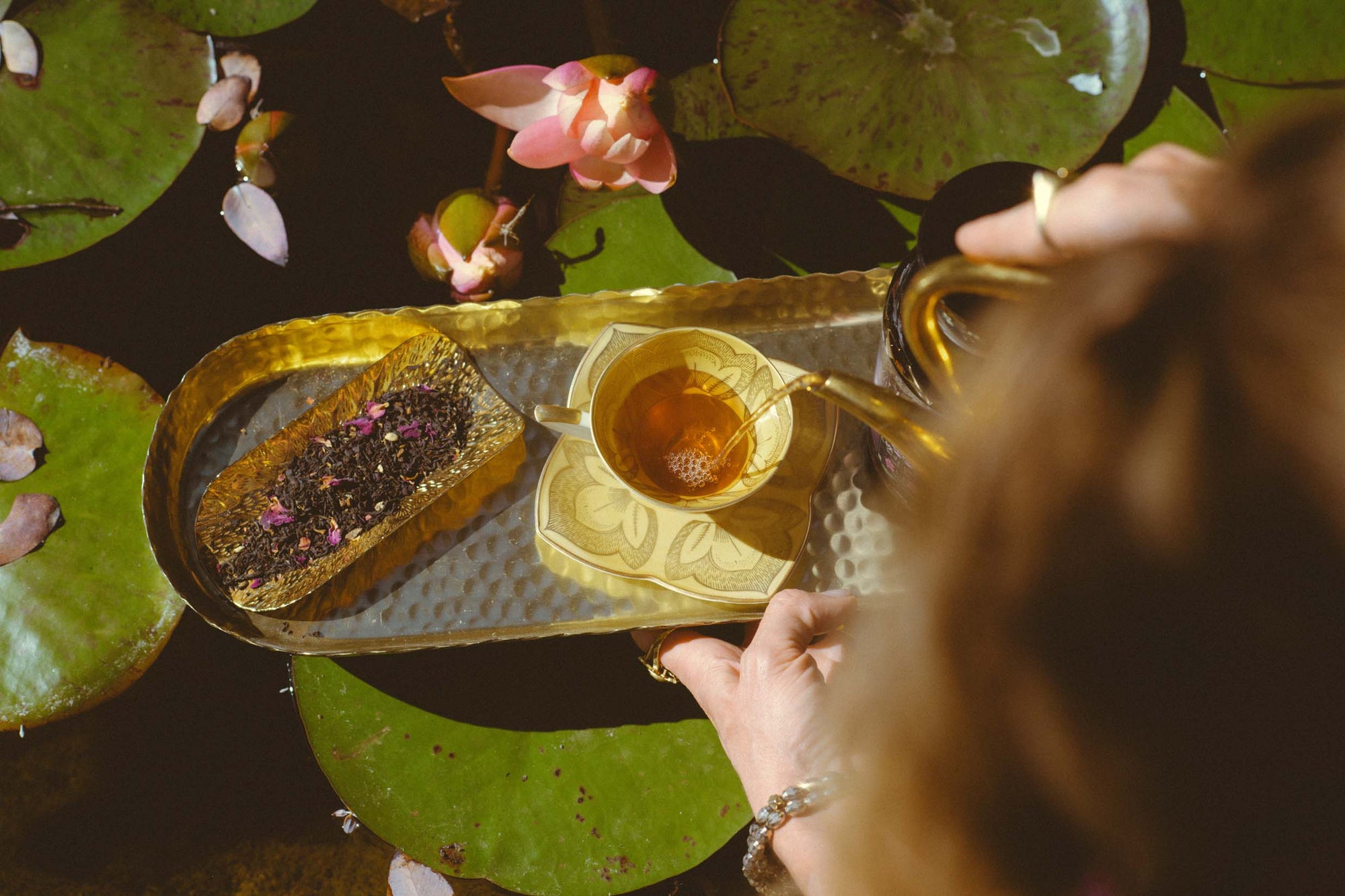 A person pours tea into a floral teacup on a brass tray with loose leaf tea, surrounded by lily pads and pink flowers. Sunlight creates a warm, serene atmosphere.