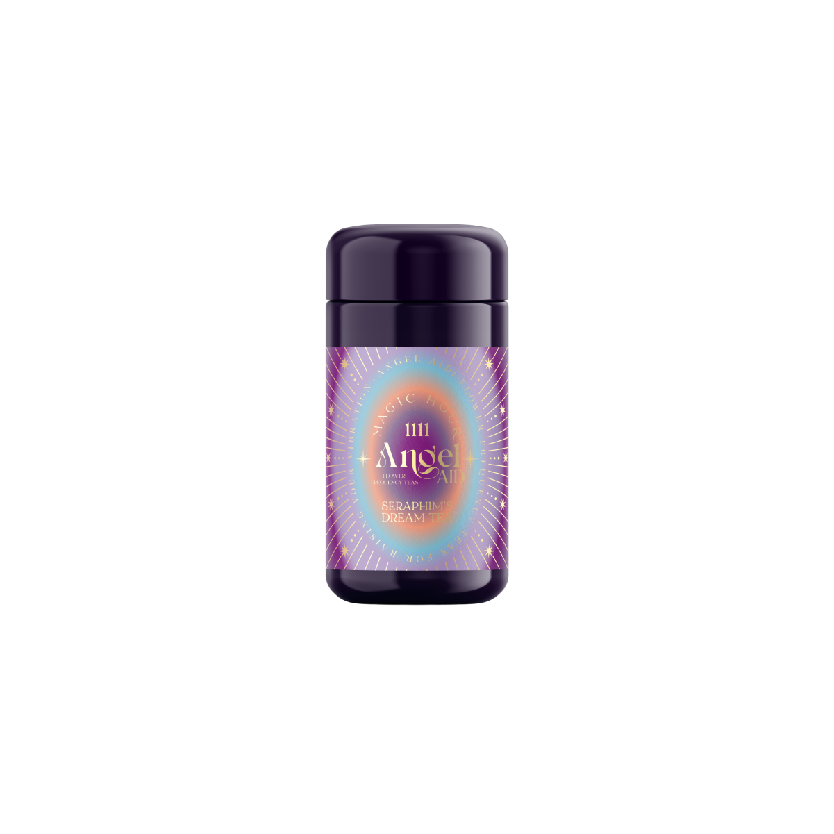 A cylindrical container of &quot;Angel&quot; deodorant with a dark purple cap features a colorful label design showing the text &quot;Seraphim&#39;s Dream,&quot; inspired by the ethereal essence of Egyptian Blue Lotus, on a plain white background.