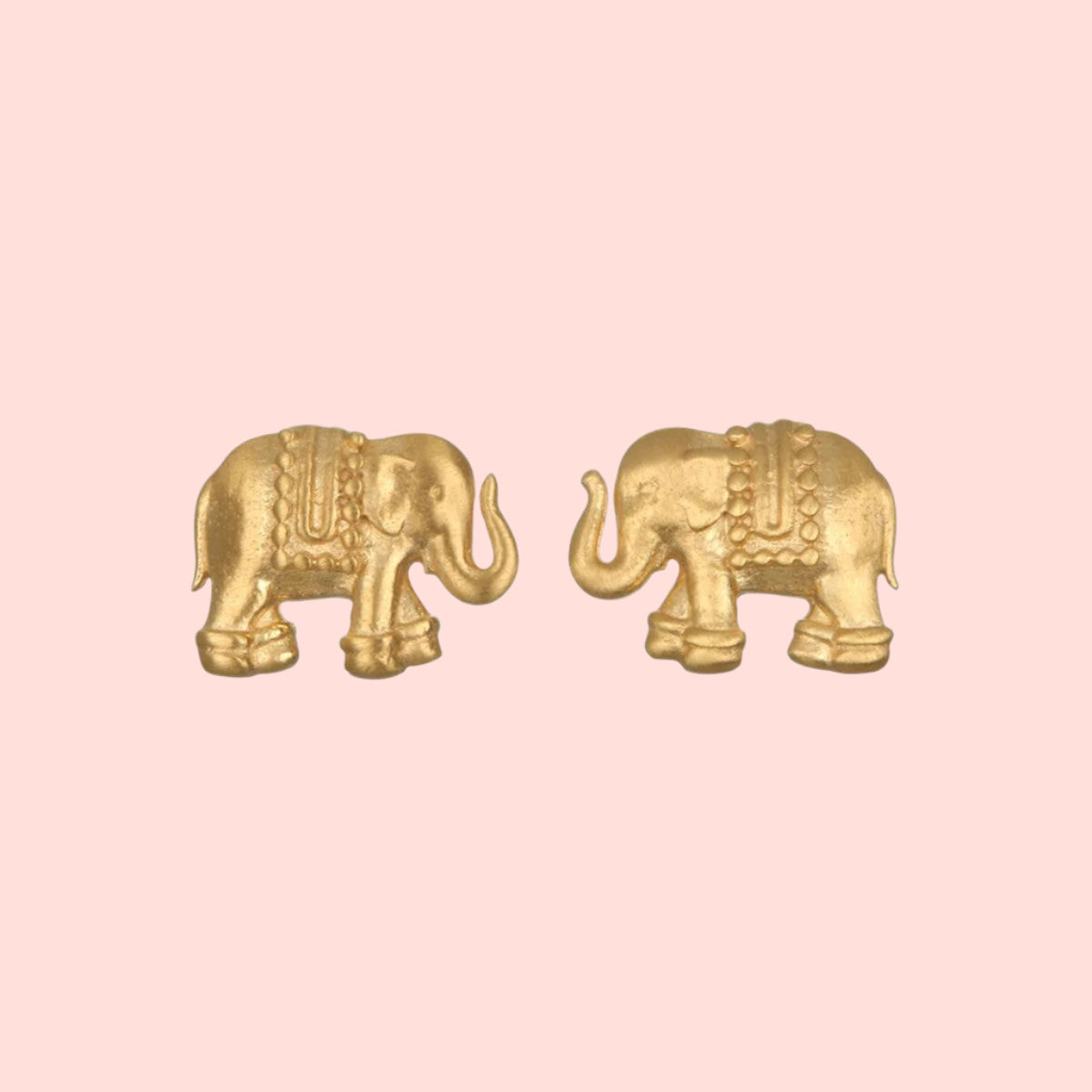 Elephant Stud Earrings: 18k gold plated, intricately detailed studs featuring two elephants facing each other, shown against a plain white background.