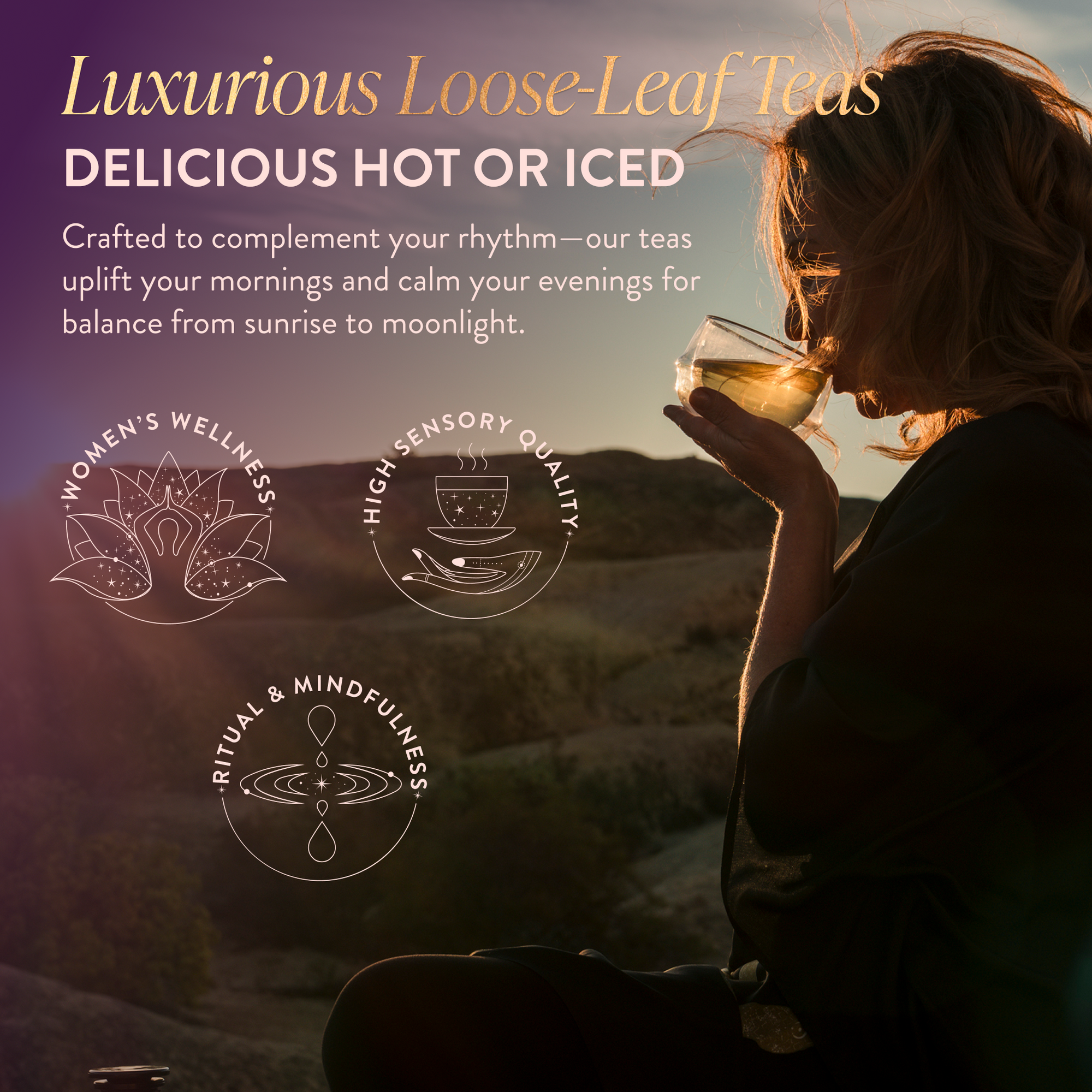 As the sun sets, a woman enjoys tea from a glass cup. Discover Seasonal Tea Club Subscription—luxurious, handpicked teas curated for women&#39;s wellness, sensory delight, and mindful rituals every season.