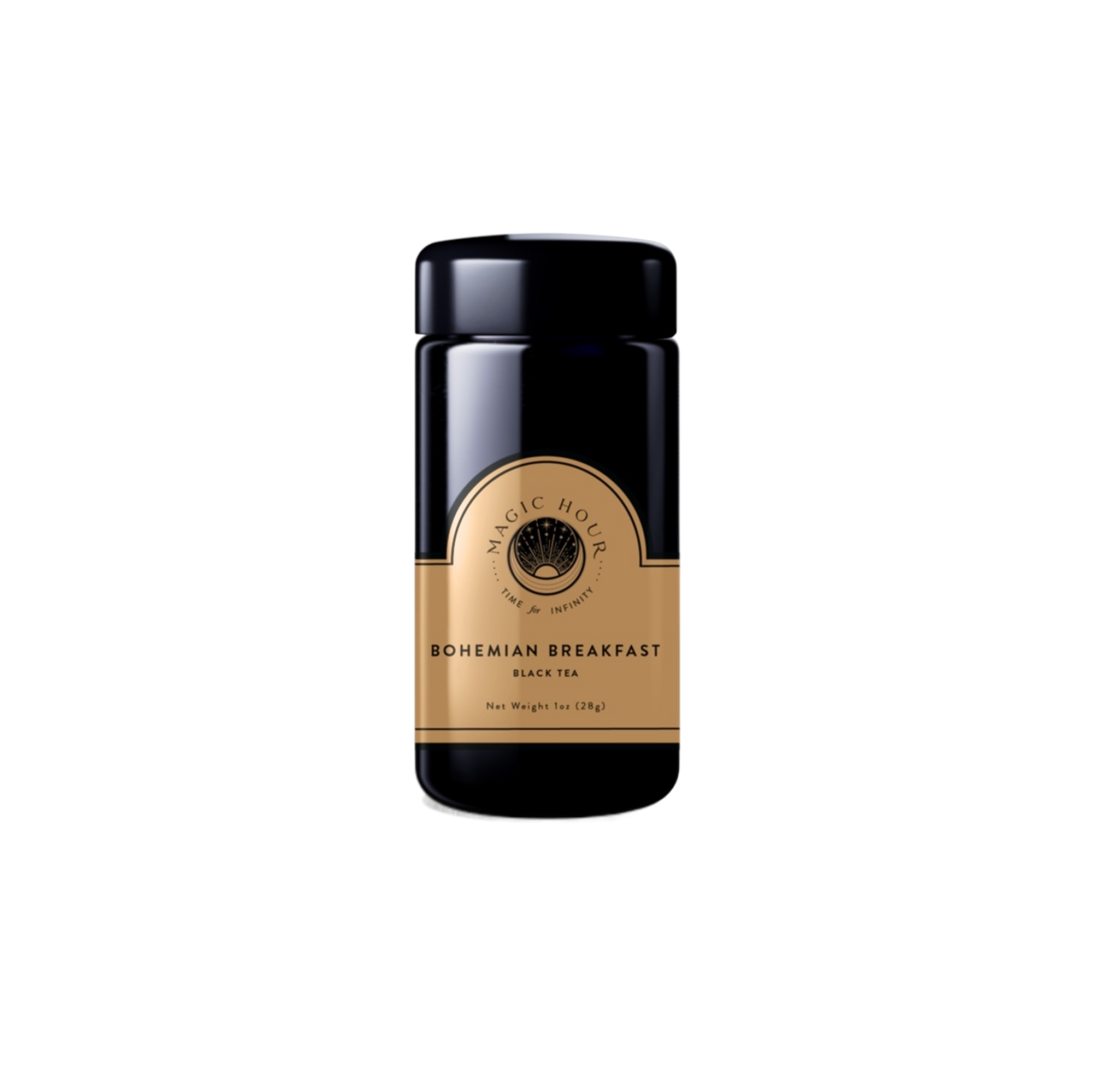 A black &quot;School of Magic Monthly Tea Subscription Box - Traveler Jar&quot; from the Elemental Tea Series, with gold and black detailing, is displayed against a plain light background.