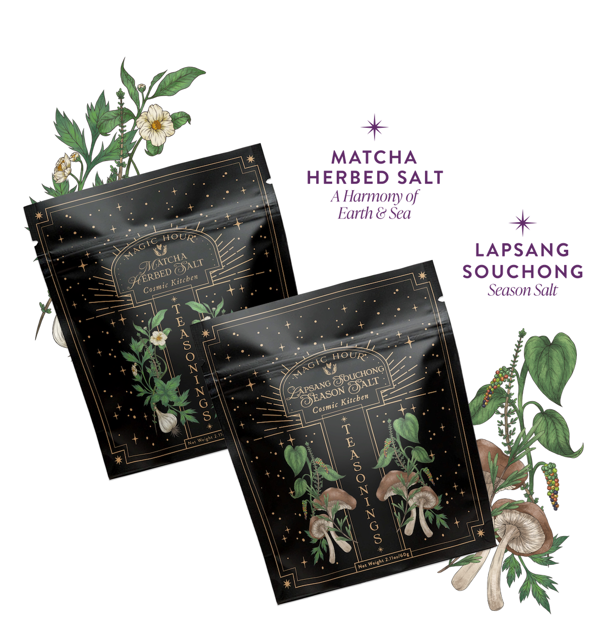 Two black packets of Teasoning Bundle—Matcha Salt and Lapsang Souchong Salt—feature botanical illustrations in the background, with stars and text showcasing each unique flavor.